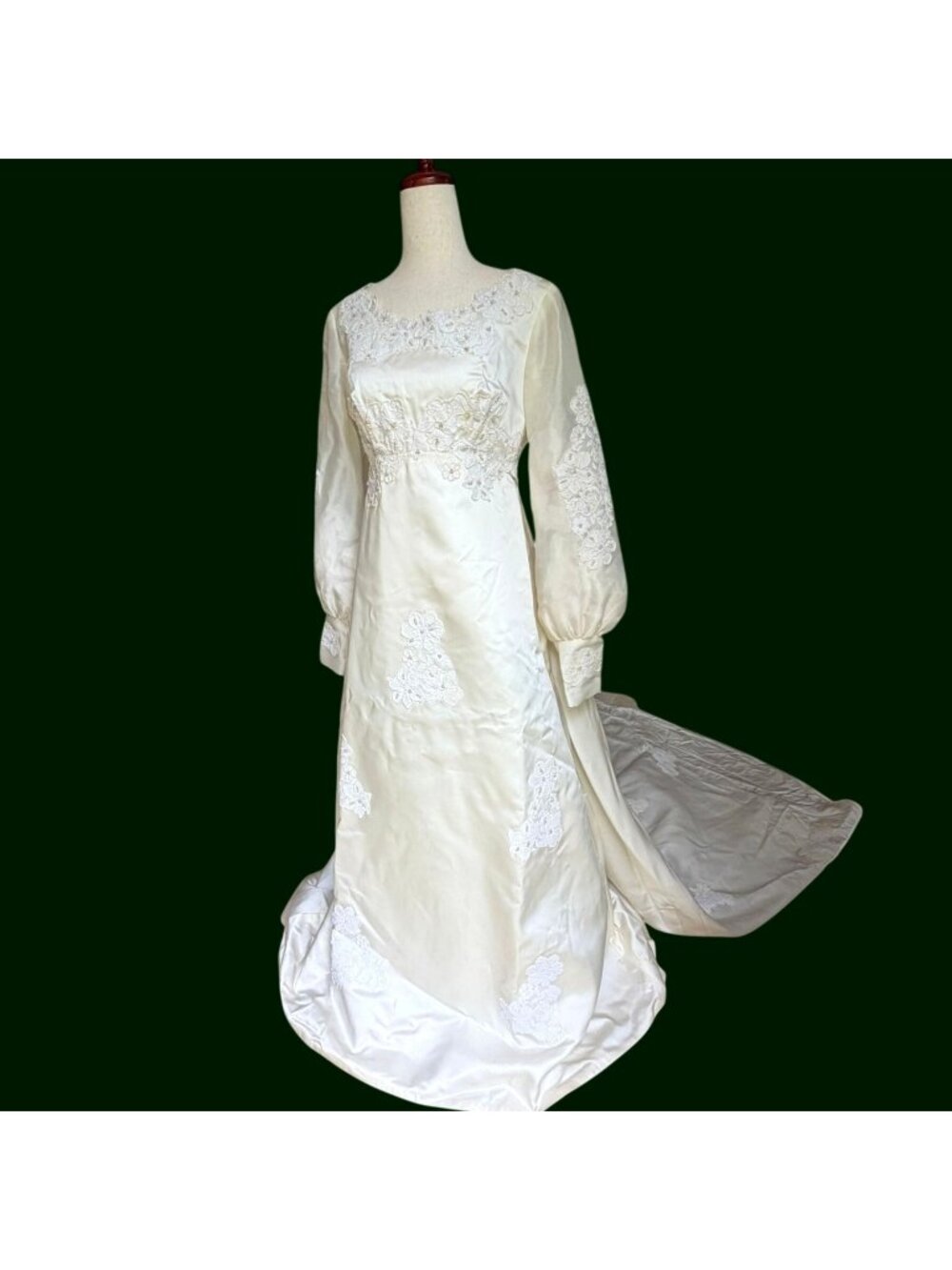 Vtg 1960s Wedding Dress Ivory Satin Lace Beaded Bishop Sleeves Removable Train